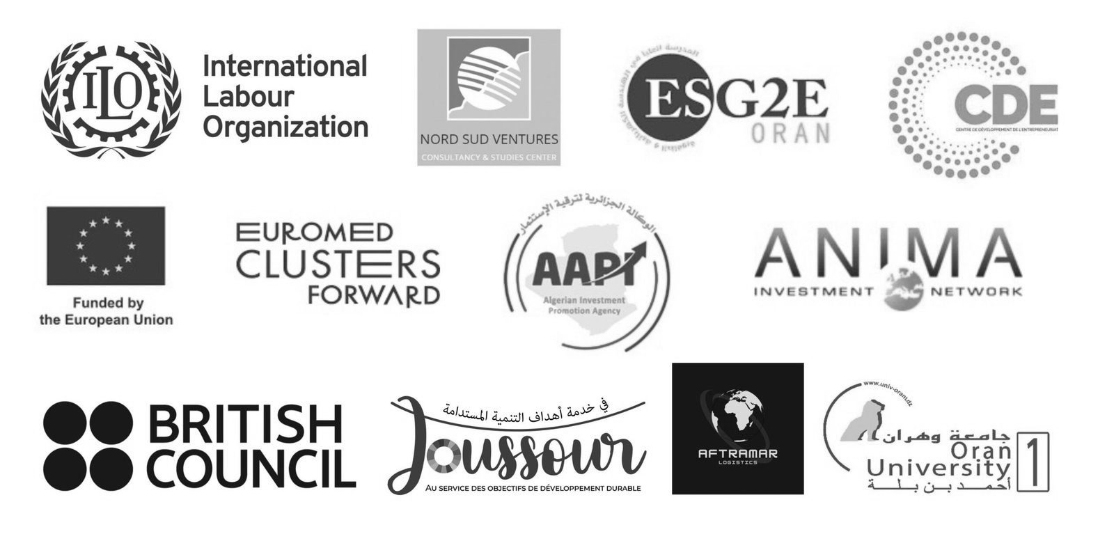 British Council, Organisation internationale du Travail, Union européenne, ANIMA, Euromed Clusters Forward, Joussour, Aftramar, Nord Sud Ventures, ESG2E, CDE, AAPI, Université d’Oran